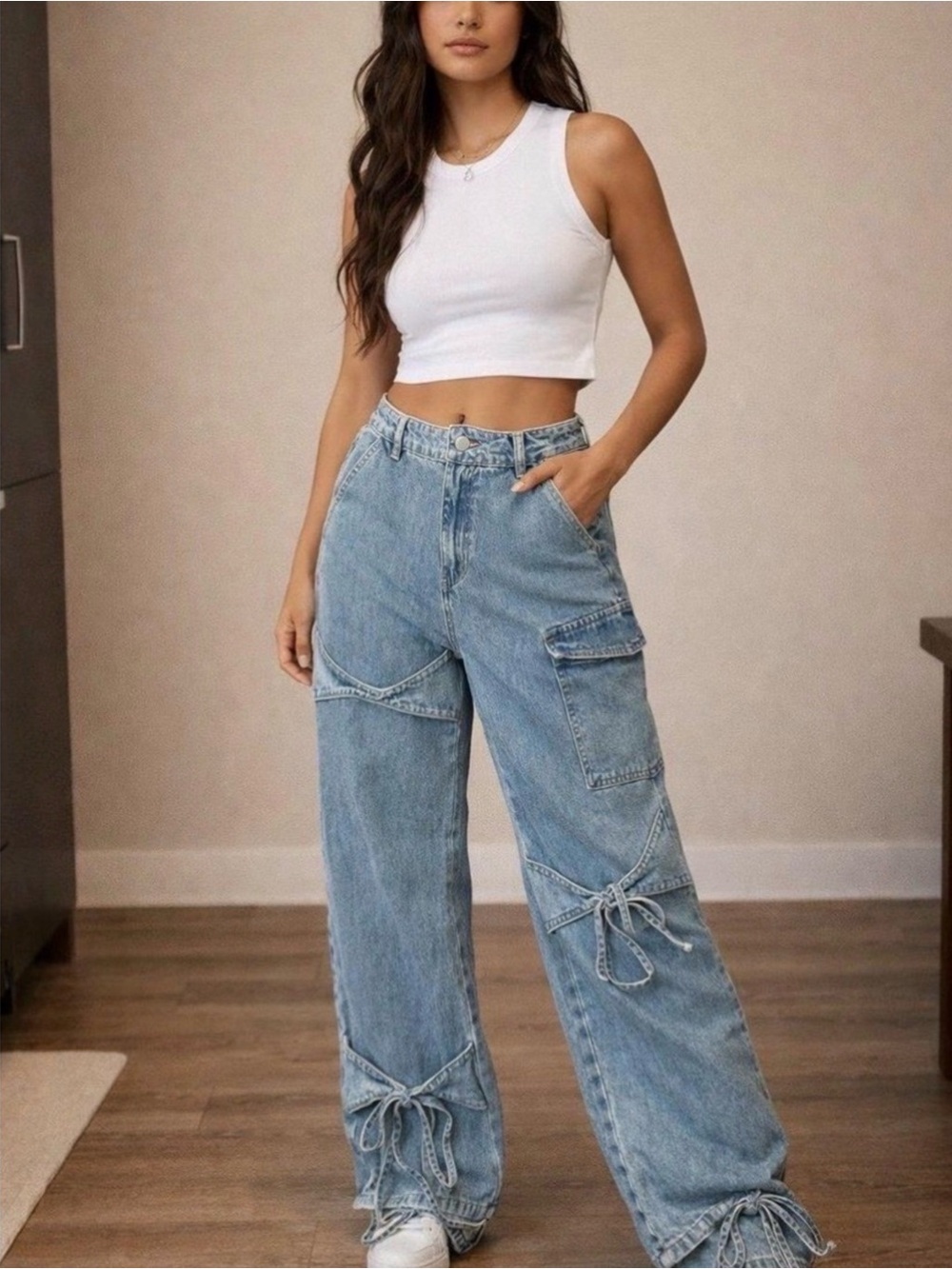 Cider Wide Leg Cargo Bow Tie Jeans 0XL NWT